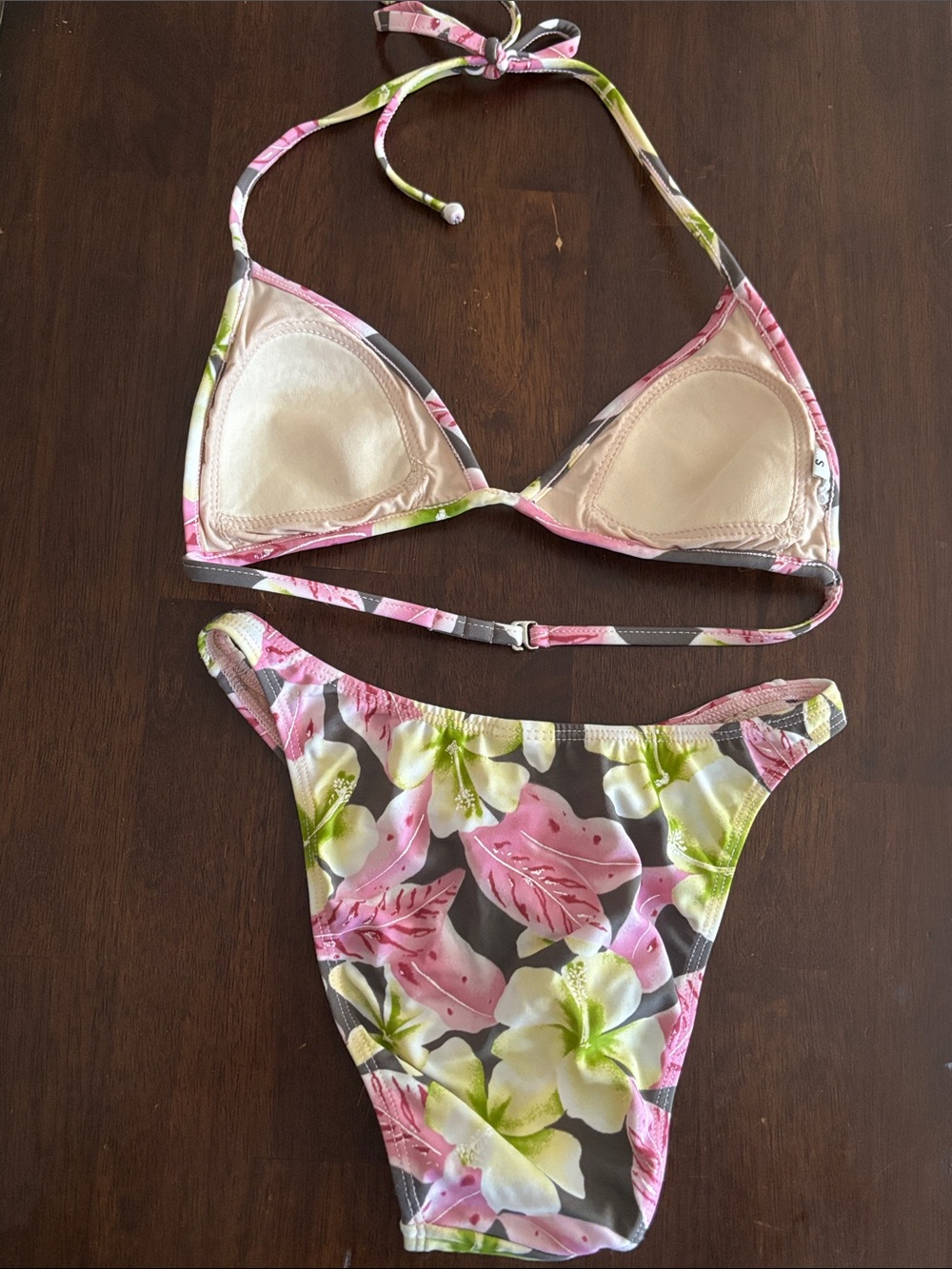 Floral Triangle Bikini Set in Pink, Green & Gray Sz:small - Picture 3 of 6